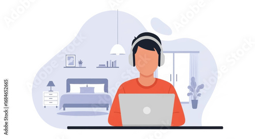 Young person in headphones works on a laptop in a cozy home setting, representing remote work, online learning, or digital communication. Ideal for business, education, and lifestyle concepts.