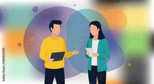 Two professionals collaborate, discussing ideas and sharing information using tablets against a vibrant abstract background. Ideal for business, technology, or modern communication concepts.