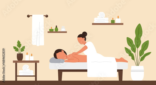 Person enjoying a relaxing back massage at a serene spa. Perfect for wellness, self-care, and beauty promotions, offering peace and stress relief.