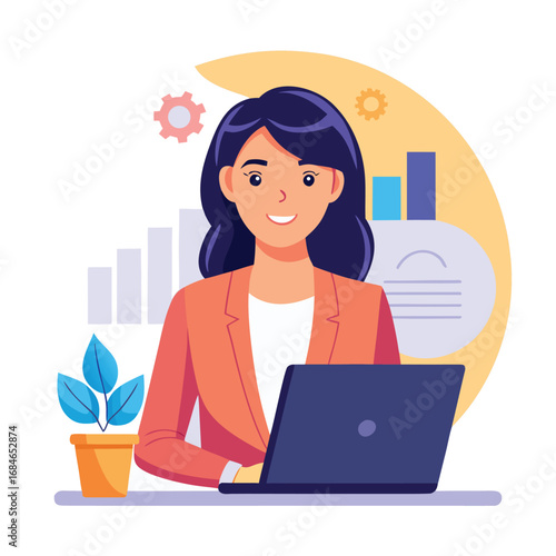 beautiful confident business woman working on laptop in office