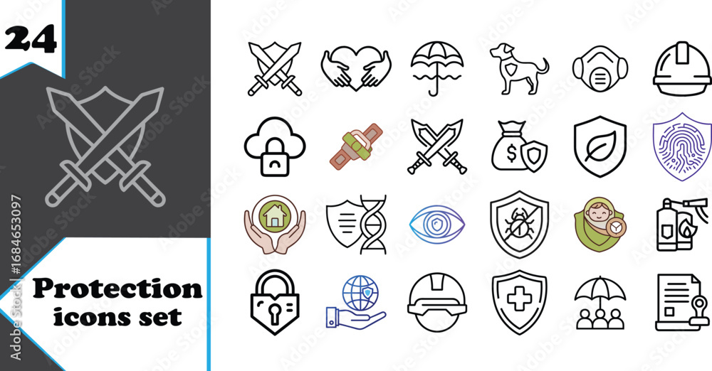 Fototapeta premium Collection of protection icons set featuring swords shield cloud padlock and safety helmet