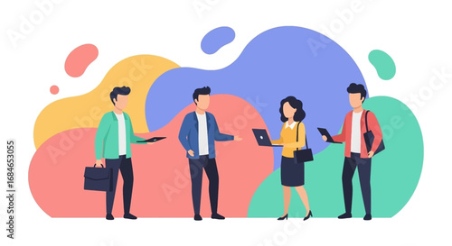 Diverse team of professionals collaborating with digital devices in a modern business environment. Ideal for concepts of communication, partnership, and tech solutions.