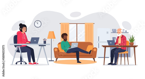 Diverse individuals working from home on laptops, illustrating remote work flexibility, productivity, and modern lifestyle trends across different generations.