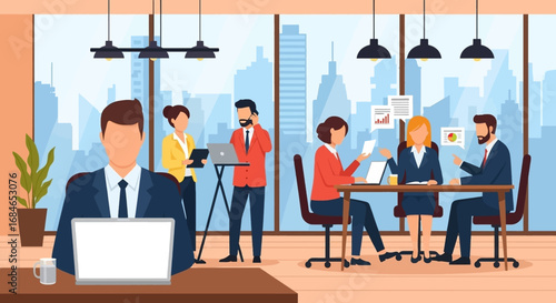 A diverse team of professionals actively collaborates and works in a modern, vibrant office space with a city skyline view, perfect for corporate and productivity themes.