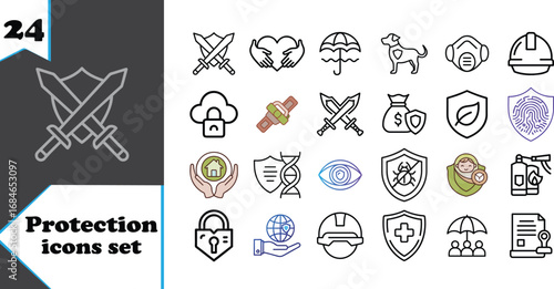 Collection of protection icons set featuring swords shield cloud padlock and safety helmet
