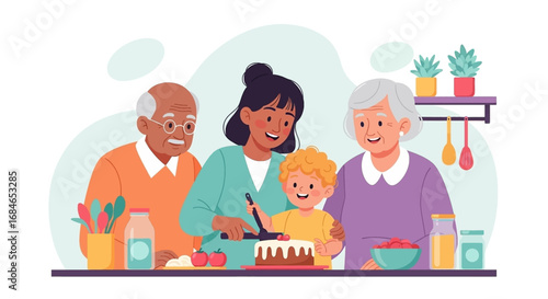 Multi-generational family happily bakes a cake together in the kitchen, fostering connection, learning, and joy. Ideal for lifestyle, family, and domestic concepts.