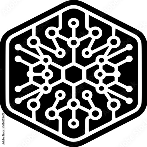 Digital Snowflake: A striking geometric representation of a snowflake merges with circuitry, encapsulating the essence of technological innovation, connectivity.