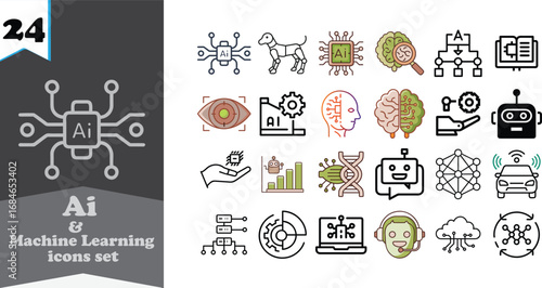 Modern ai machine learning icons set featuring neural networks data analysis robotics and more
