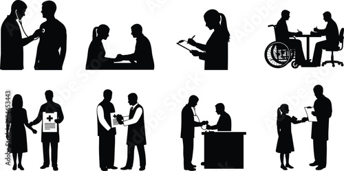 Silhouettes of Doctors and Patients in Clinical Situations Including Checkups, Consultations, Prescriptions, and Wheelchair Support – Vector Illustration