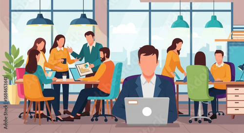 Diverse business team collaborating and working diligently in a modern, vibrant office environment. Ideal for corporate, teamwork, and productivity concepts.