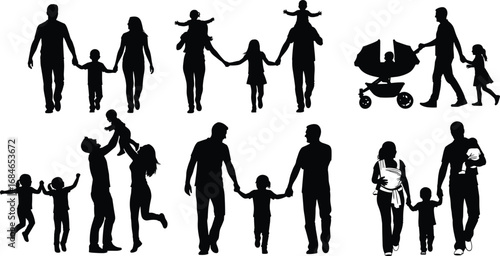 Silhouettes of Families with Children in Daily Life Activities Including Walking, Playing, Parenting, and Bonding – Vector Illustration