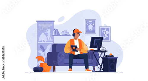 Young person in headphones relaxing on a sofa, engaged with a tablet and computer. Ideal for concepts of home entertainment, online learning, or remote work lifestyle.