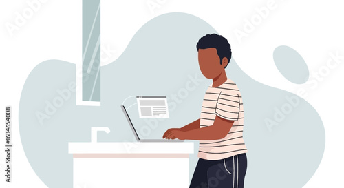 Focused young person remotely working or studying on a laptop at a desk in a modern, calm home or office setting. Ideal for business, education, or technology concepts.