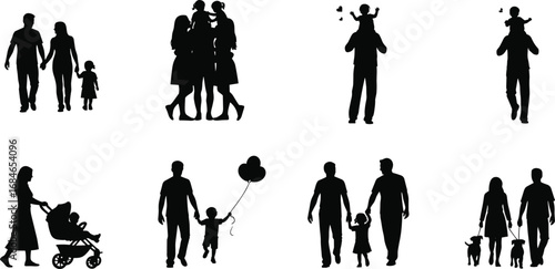 Silhouettes of Families with Children in Daily Life Activities Like Walking, Playing, Hugging, and Parenting – Vector Illustration