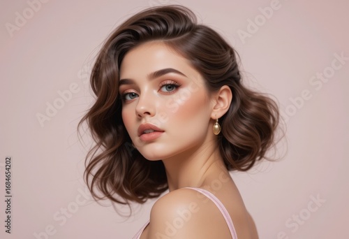 Beautiful girl with great makeup and stylish hairdo. Makeup and hairdo perfectly highlight facial features. For advertising a beauty salon, hairdresser, makeup studio and cosmetic services