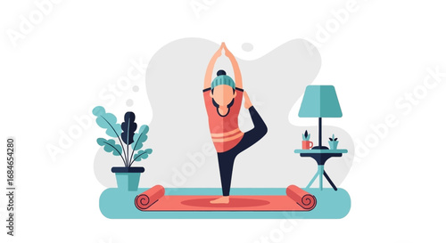 Woman in tree pose on a yoga mat in a serene home setting. Embodies mindfulness, fitness, and a balanced lifestyle. Perfect for health and wellness content.