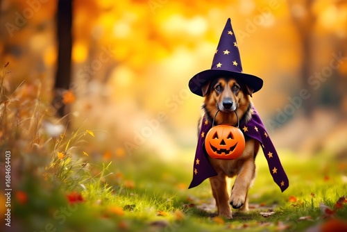 German shepherd dog dressed as a witch with a pumpkin bucket in autumn park