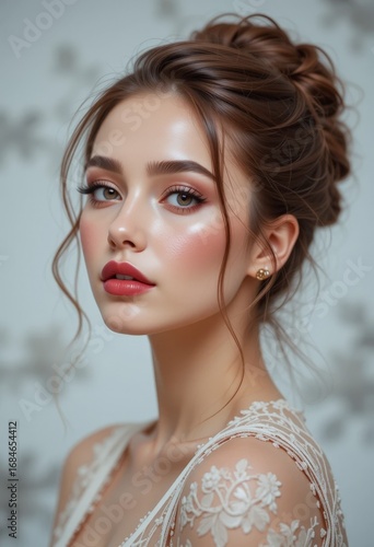 Beautiful girl with great makeup and stylish hairdo. Makeup and hairdo perfectly highlight facial features. For advertising a beauty salon, hairdresser, makeup studio and cosmetic services