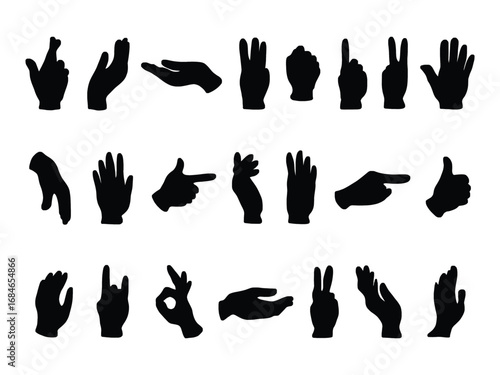 Hand Gesture Silhouette Vector Set, Black Hand Signs and Gestures Clipart Collection