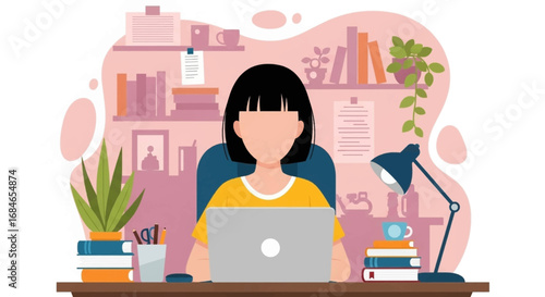 Young woman focused on remote work or study at a cozy home office desk. Ideal for concepts of productivity, online learning, or modern work-life balance.