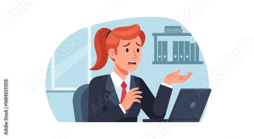 Stressed businesswoman in an office, looking confused and overwhelmed by work problems or tight deadlines while using her laptop. Business challenges.