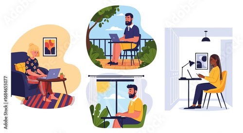 People working remotely from diverse home locations – living room, balcony, home office – illustrating flexible work, productivity, and modern lifestyle.