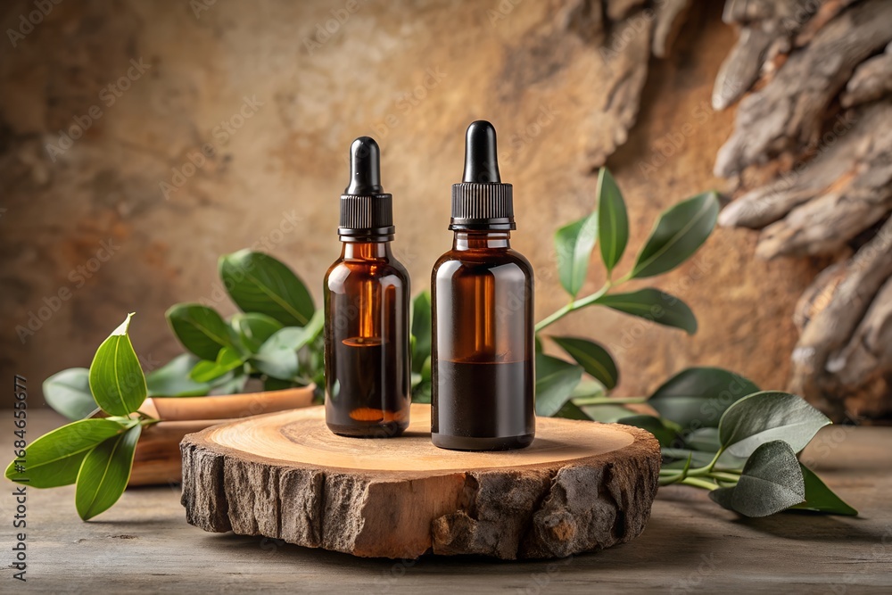 Obraz premium Two amber glass dropper bottles of essential oil on a wooden slice, surrounded by green leaves