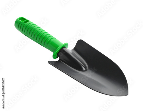 A green hand trowel or small shovel with a wooden handle, a gardening tool, isolated on a white background.