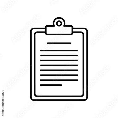 Clipboard icon with document paper, simple line art symbol for checklist, report, and form. Vector illustration isolated on a white background