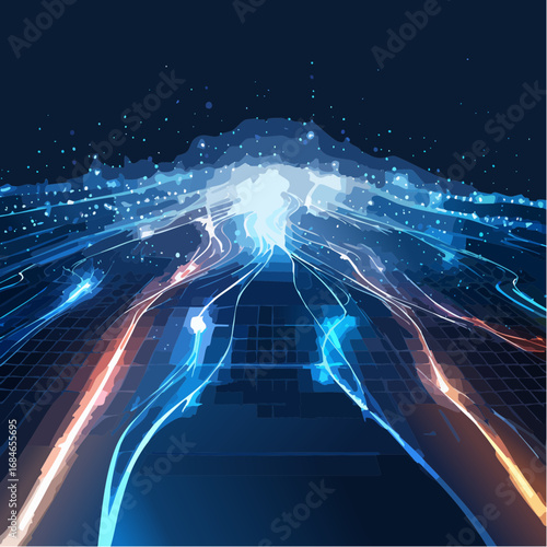 Abstract futuristic digital artwork showing luminous streams, glowing mesh patterns, and flowing energy currents in bold colors. High resolution, ultra detailed, cinematic perspective with depth of fi