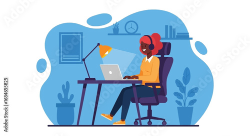 Happy woman working remotely on laptop with headphones in a cozy home office, ideal for business, education, or lifestyle themes.
