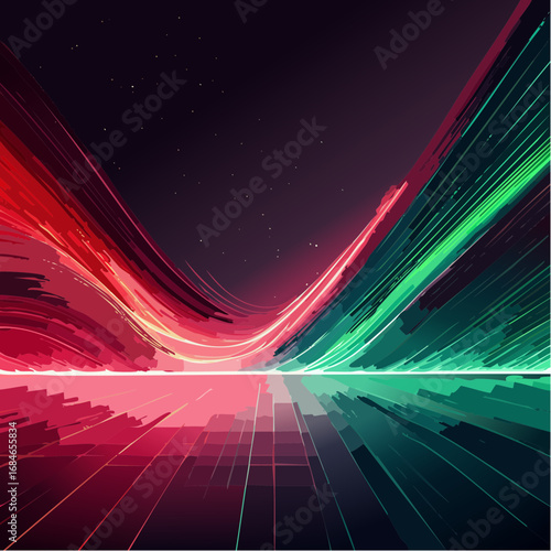 Abstract futuristic digital artwork showing luminous streams, glowing mesh patterns, and flowing energy currents in bold colors. High resolution, ultra detailed, cinematic perspective with depth of fi