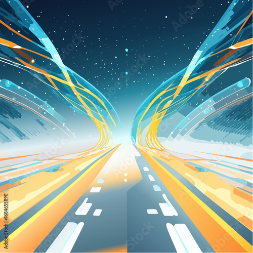 Abstract futuristic digital artwork showing luminous streams, glowing mesh patterns, and flowing energy currents in bold colors. High resolution, ultra detailed, cinematic perspective with depth of fi