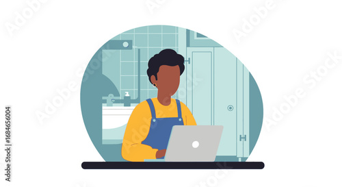 Young man working on a laptop in a modern bathroom, demonstrating remote work or digital nomad lifestyle.