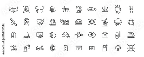 Technology Line Icons Set — AI, IoT, 5G, Smart Devices, Cloud Computing, Renewable Energy, Automation. Technology Icon Collection