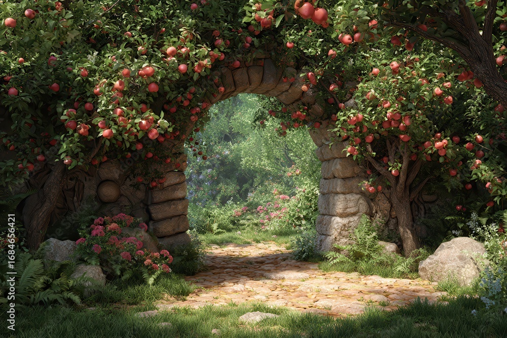 Naklejka premium Explore a magical garden featuring fantasy apple trees with a natural stone archway surrounded by vibrant greenery and blooming flowers at golden hour
