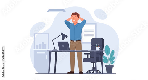 An anxious businessman or employee stands at his office desk with hands on his head, depicting stress, burnout, or a problem at work. Ideal for business, mental health, or workplace concepts.