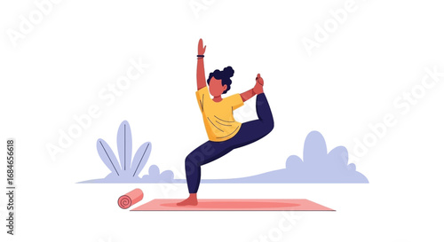 Woman practicing a balancing yoga pose outdoors, promoting fitness, wellness, and a mindful lifestyle. Ideal for health, exercise, or spiritual content.