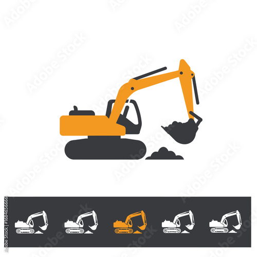 A vibrant orange and black excavator icon is actively digging a pile of earth, representing heavy construction machinery and industrial work.