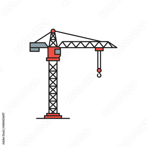 A modern red and grey tower crane, essential for construction projects, stands tall on a white background, symbolizing progress and development.