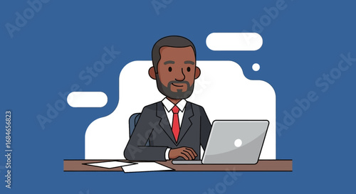 Focused Black businessman diligently working on his laptop at an office desk, ideal for themes of productivity, professional work, technology, and corporate success.