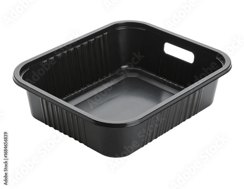 A simple black plastic tray, a common household or kitchen item, isolated on a white background.