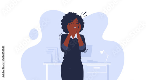 Overwhelmed businesswoman stressed in the office, depicting burnout, headache, or work pressure. Concept for mental health and workplace stress.