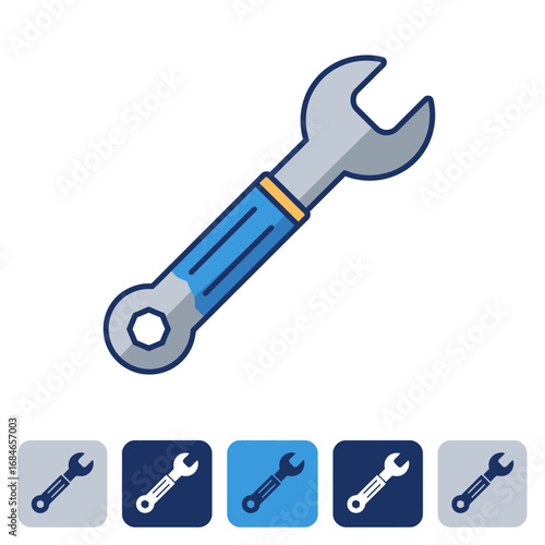 A modern flat design illustration of a wrench, a versatile tool used for fastening and loosening nuts and bolts.