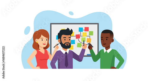 Diverse business team collaborating on a strategic plan using a whiteboard with colorful sticky notes. Represents innovation, project development, and group problem-solving.