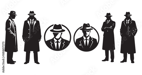 Detective man silhouette set in suit and hat vector