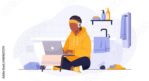 Person working on a laptop from the comfort of their bathroom floor, showcasing remote work, flexible lifestyle, and unconventional home office productivity.