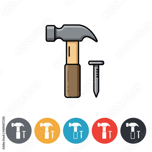 A classic claw hammer and a sharp metal nail are depicted in a clean, modern flat design icon, symbolizing construction, repair, and DIY projects.