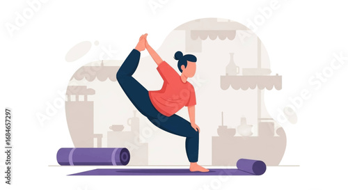 A woman gracefully practices a challenging yoga pose on her mat, embodying balance and well-being. Ideal for health, fitness, or mindful living concepts.