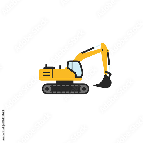 A vibrant yellow excavator, depicted in a clean, modern flat design style, stands ready for heavy construction work and earthmoving operations.